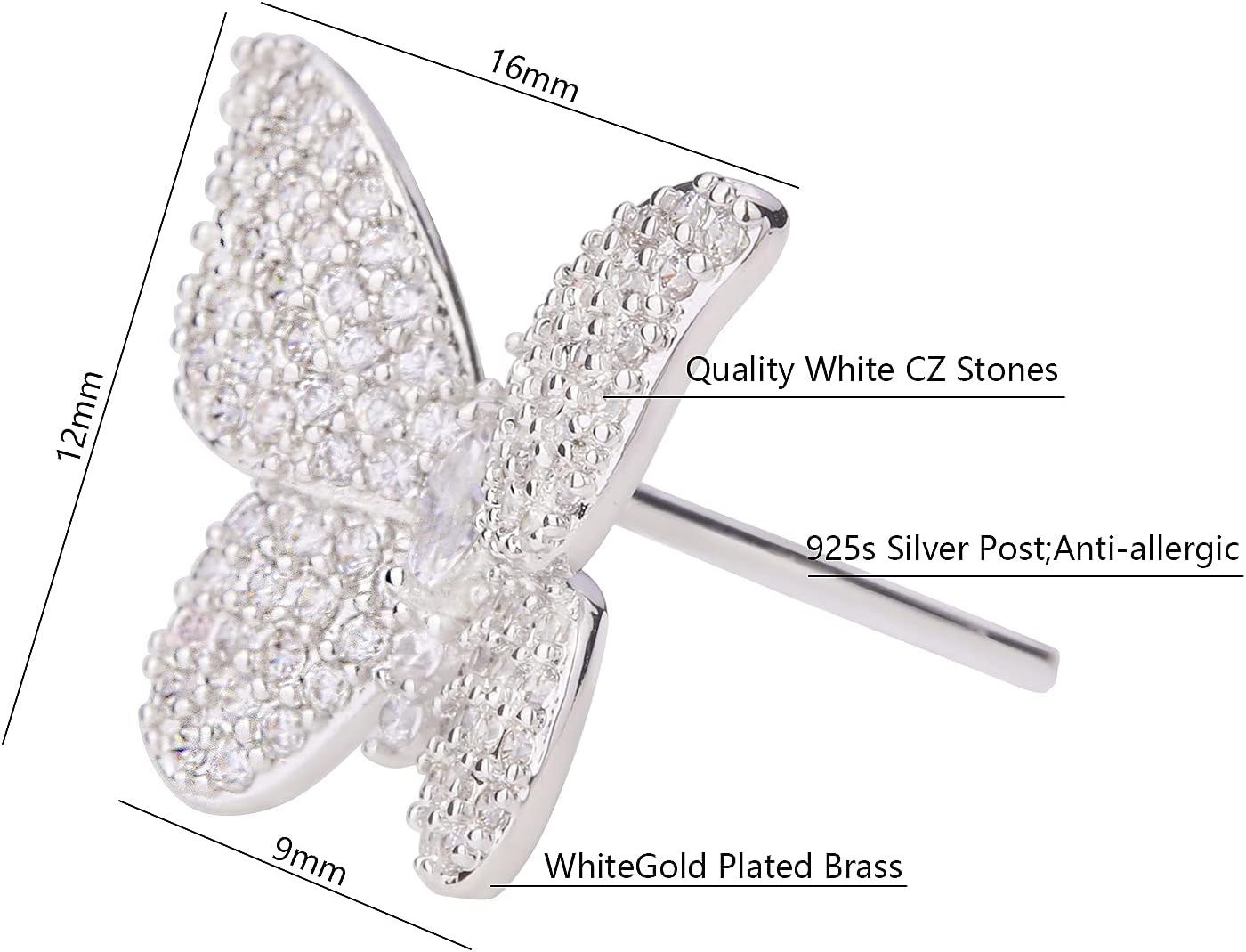 ANN BABIC CZ Butterfly Stud Earrings for Women - Cubic Zirconia Paved Butterfly Earrings - Butterfly Earrings Plated in Gold