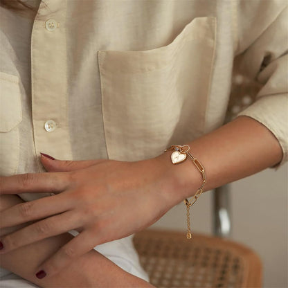 Gold Paperclip Bracelet, 18K Gold Plated Heart Initial Oval Link Bracelet Dainty Handmade Letter Charm Bracelet for Women Jewelry