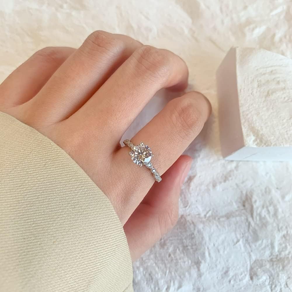 1-1/5 Carat (Ctw) Classic round Engagement Rings for Women Platinum Plated Silver Moissanite Engagement Ring Anniversary Promise Ring