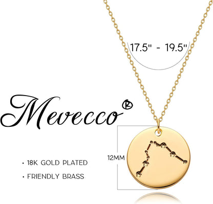 Gold Necklace Coin Disc Zodiac 12 Constellation Star Connected Engraved Horoscope Sign Astrology Pendant 18K Gold Plated Chain Dainty Personalized Simple Jewelry