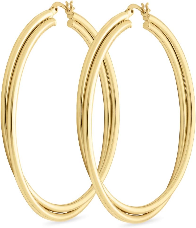 Twist Earrings - Gold Twisted Hoop Earrings & Thick Silver Hoop Earrings for Women - Big Chunky Gold Statement Earrings (Crossover / 14K Gold Plated / 60 Mm - 2.4 In)