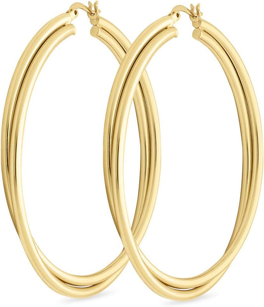Twist Earrings - Gold Twisted Hoop Earrings & Thick Silver Hoop Earrings for Women - Big Chunky Gold Statement Earrings (Crossover / 14K Gold Plated / 60 Mm - 2.4 In)