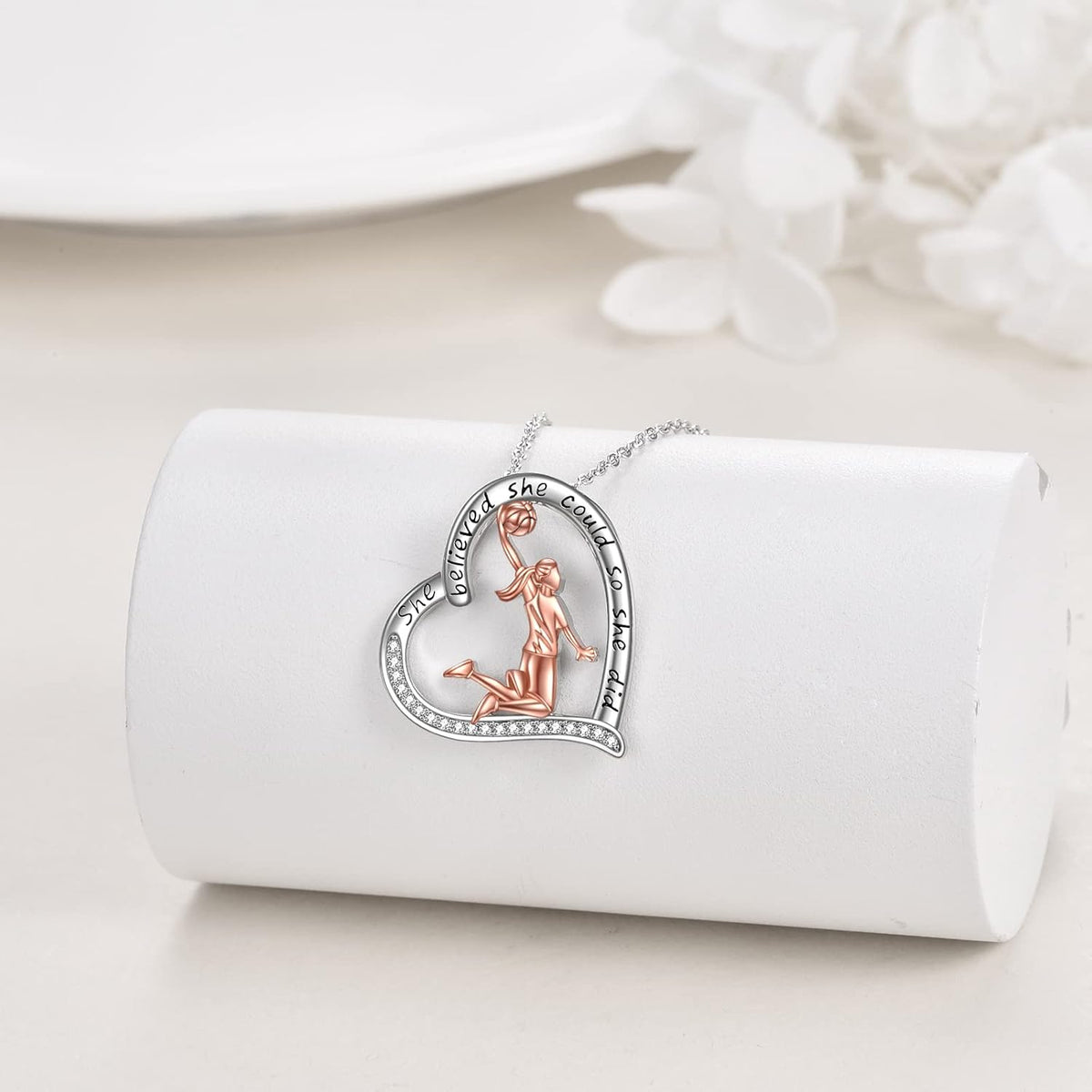 925 Sterling Silver Inspirational Basketball CZ Pendant Necklace