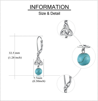 Celtic Turquoise Earrings Sterling Silver Triquetra Celtic Knot Turquoise Dangle Drop Leverback Earring for Women Jewelry