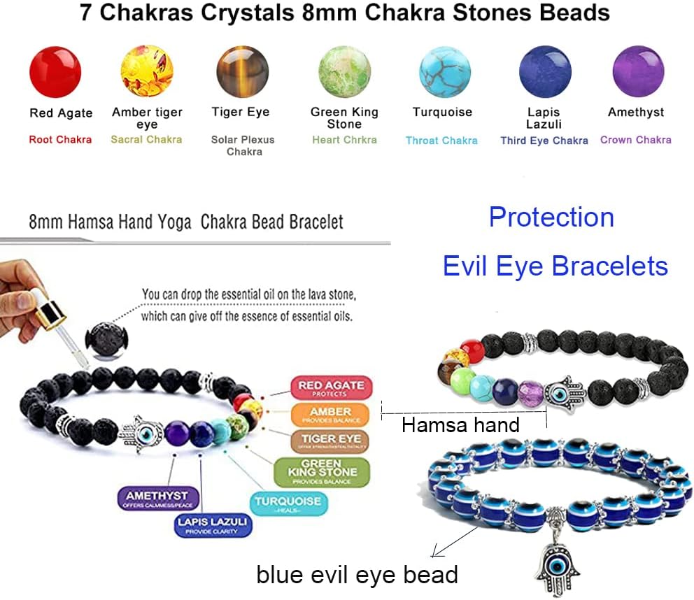 2Pcs Evil Eye Bracelets Hamsa Hand Fatima Beaded Charm Bracelets Blue Eye Stretch Amulet Protection Bracelet