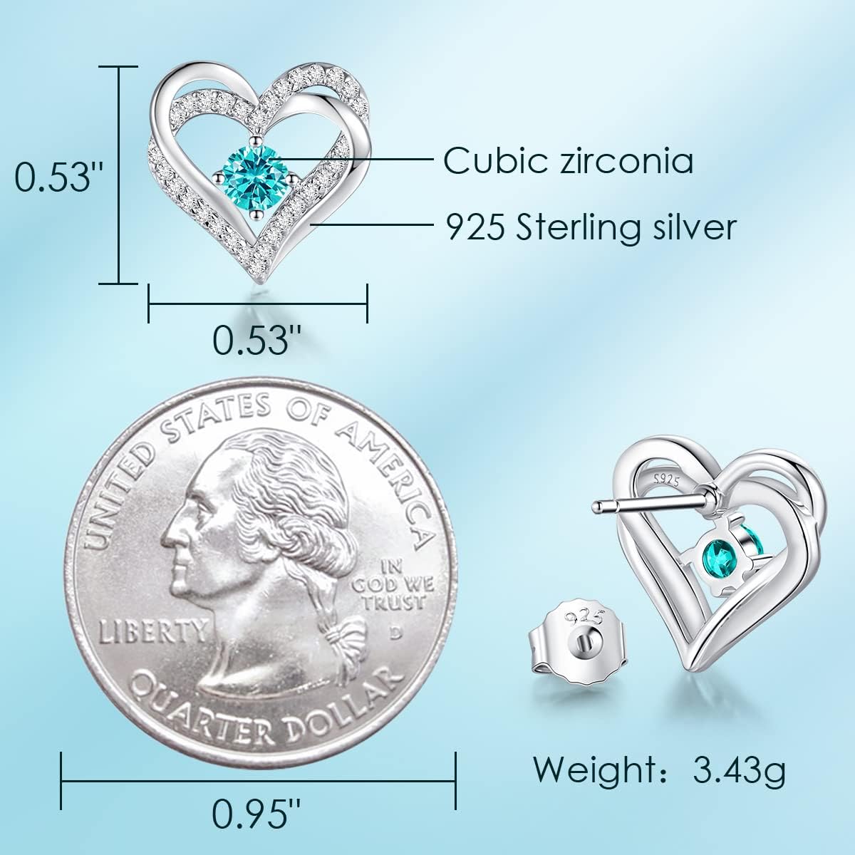 Forever Love Heart Stud Earrings for Women, 925 Sterling Silver Birthstone Heart Stud Earrings Mother'S Day Gift Anniversary Birthday Jewelry Gifts for Women Wife Her