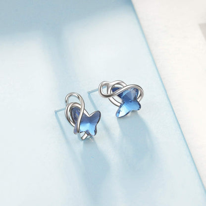 Sterling Silver Infinity Butterfly Earrings Embellished with Crystals from Austria, Hypoallergenic Stud Earrings, Anniversary Birthday Butterfly Jewelry Gifts for Women