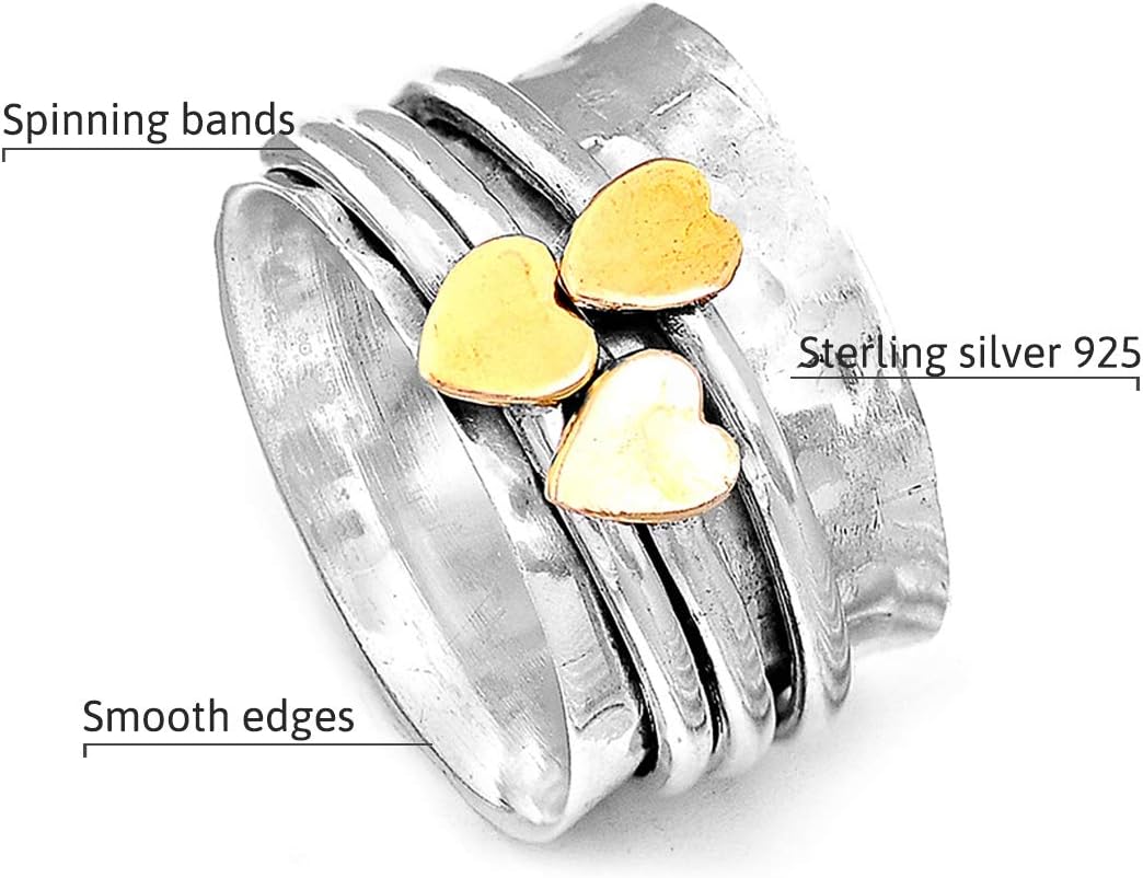 Spinner Ring for Women 925 Sterling Silver with Brass Hearts and Fidget Bands