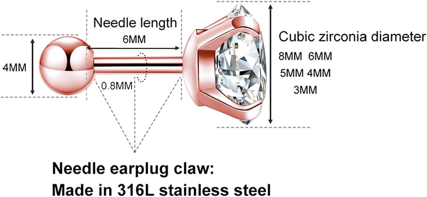 5 Pairs Hypoallergenic Cubic Zirconia Earrings Surgical Steel Flat Back Studs for Cartilage, Screw Back Fashion Jewelry 3-8Mm