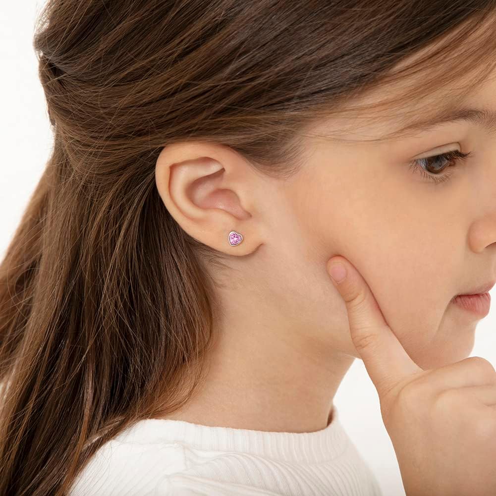 925 Sterling Silver 5Mm Girls CZ Heart Earrings Simulated Birthstone Bezel with Screw Back Stud Baby Earrings - Safety Screw Back for Toddlers - Quality Heart Cubic Zirconia Earrings for Kids