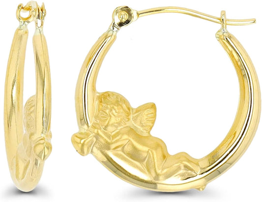 14K Yellow Gold Multiple Shapes of Hoop Earrings with Hinged Clasp | Wings & Heart, Dove and Cherub| Solid Gold Earrings for Women