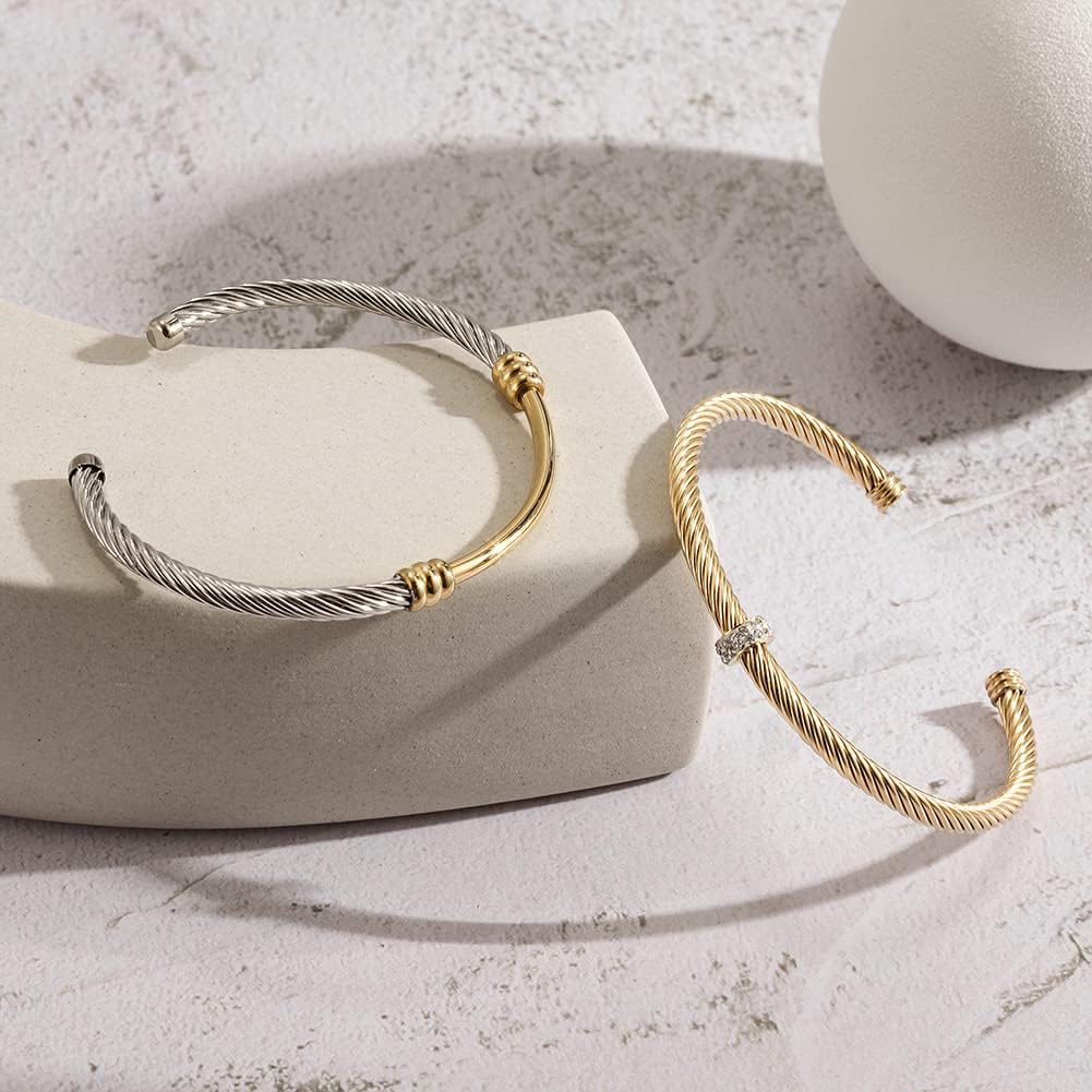 Gold Bracelet Bangle for Women Silver Mixible Cable Wire Cuff Twisted Chunky Polished Bracelet for Men Stainless Steel Vintage Adult Jewelry