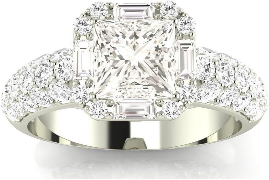 1.4 Carat T.W. Princess Designer Popular Halo Style Baguette and Pave Set round Diamond Engagement Ring J/VS2-SI1
