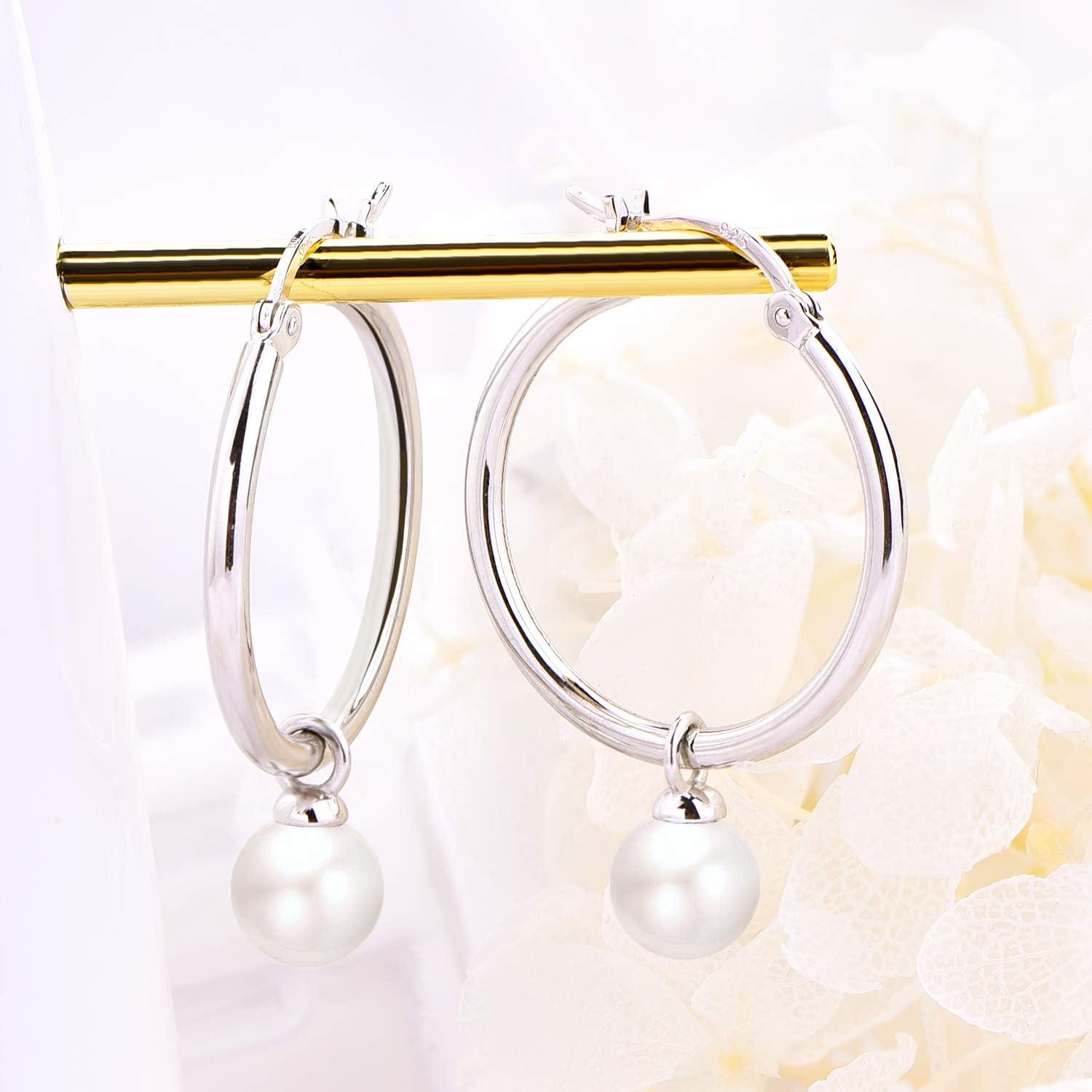 925 Sterling Silver Hoop Earrings with Simulated Danlge Pearl(White/Black)