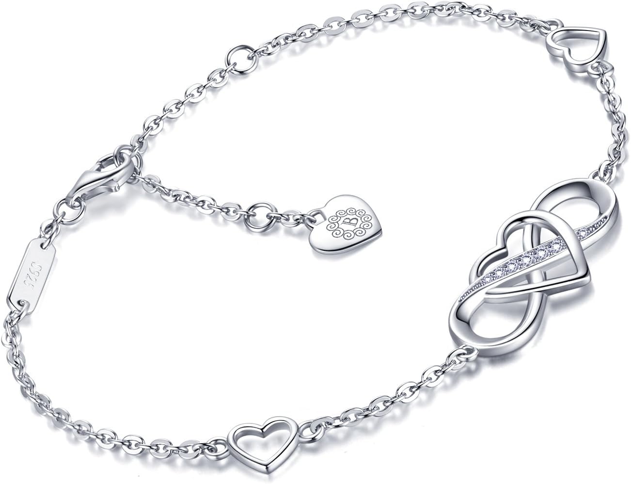 Women Bracelets 925 Sterling Silver Infinity Heart White Gold Plated Cubic Zirconia Adjustable Bracelet Best Gifts for Women