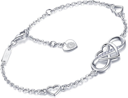 Women Bracelets 925 Sterling Silver Infinity Heart White Gold Plated Cubic Zirconia Adjustable Bracelet Best Gifts for Women