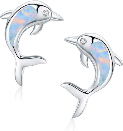 925 Sterling Silver Synthetic Opal Earrings Studs Hypoallergenic Dolphin Earrings Cute Birthday Jewelry Gift for Her