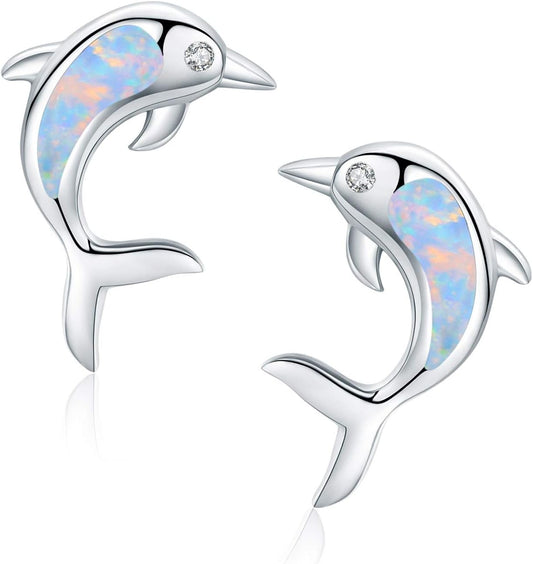 925 Sterling Silver Synthetic Opal Earrings Studs Hypoallergenic Dolphin Earrings Cute Birthday Jewelry Gift for Her