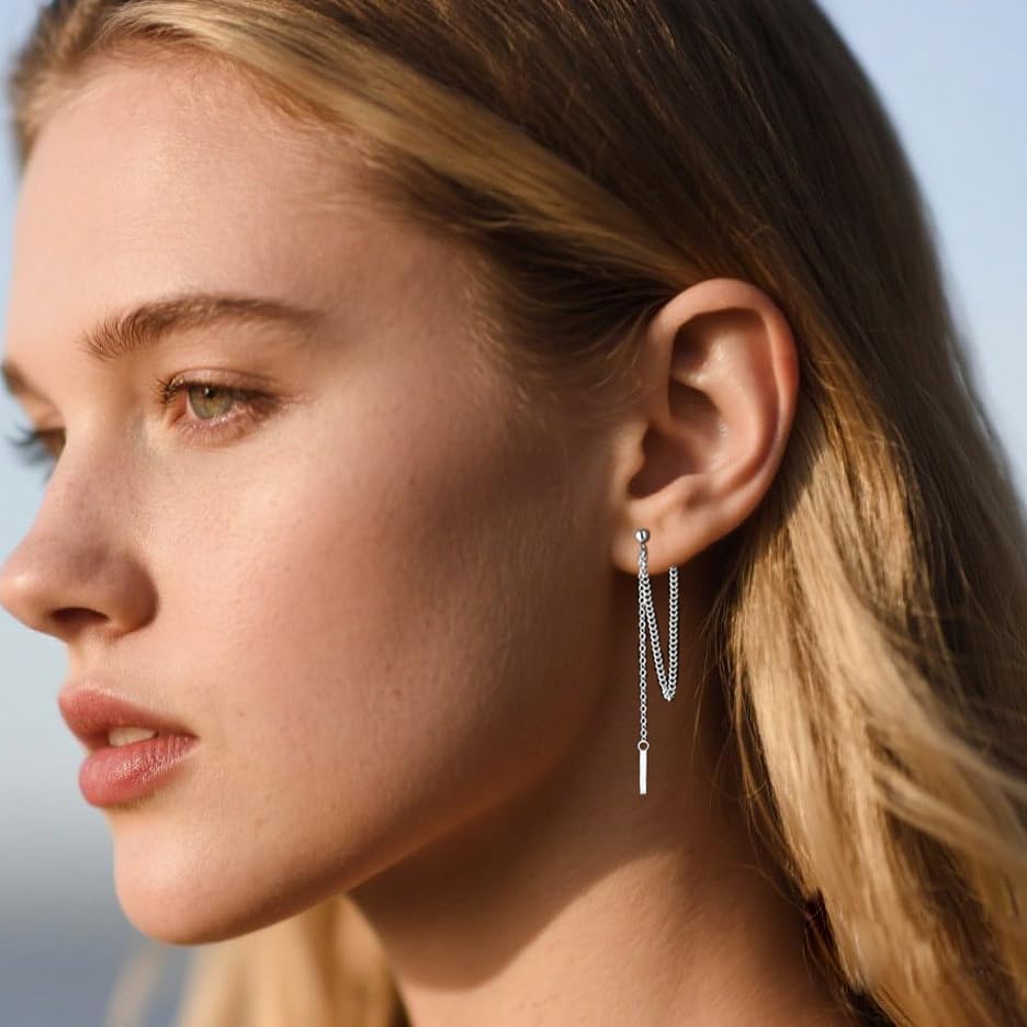 Solid 925 Sterling Silver Bar Dangle Earrings for Women Minimalist Dangle Earrings Threader Chain