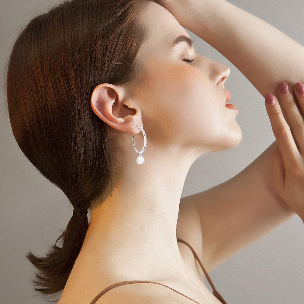 925 Sterling Silver Hoop Earrings with Simulated Danlge Pearl(White/Black)
