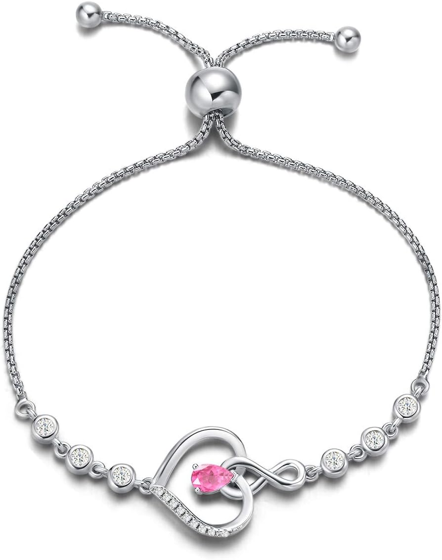 Heart Birthstone Bracelets for Women Sterling Silver Genuine or Created Gemstone Tennis Bracelet Infinity Love Jewelry Anniversary Birthday Gifts for Wife Mom Women