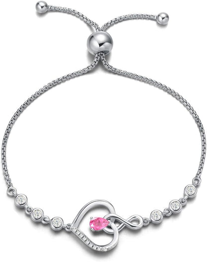 Heart Birthstone Bracelets for Women Sterling Silver Genuine or Created Gemstone Tennis Bracelet Infinity Love Jewelry Anniversary Birthday Gifts for Wife Mom Women