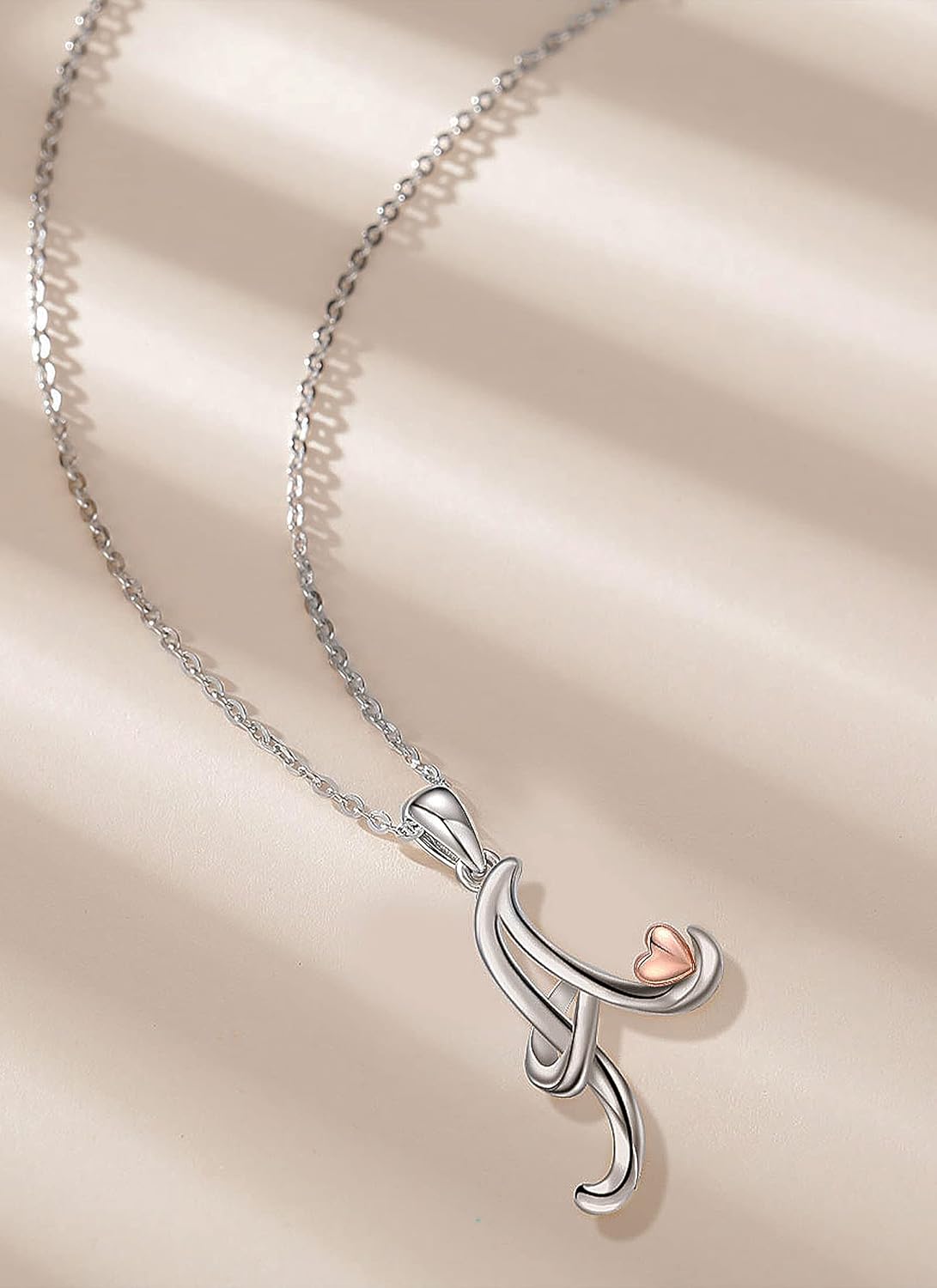 925 Sterling Silver Initial Necklaces 26 Letter with Rose Gold Heart - 18 Inch Chain