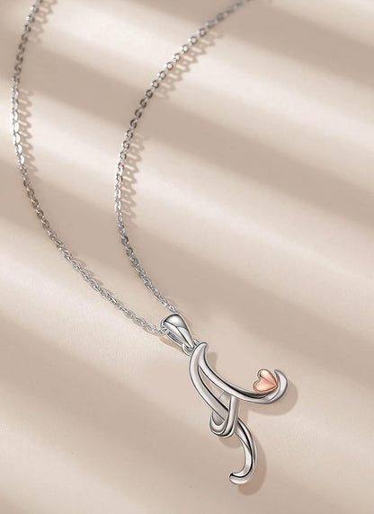 925 Sterling Silver Initial Necklaces 26 Letter with Rose Gold Heart - 18 Inch Chain