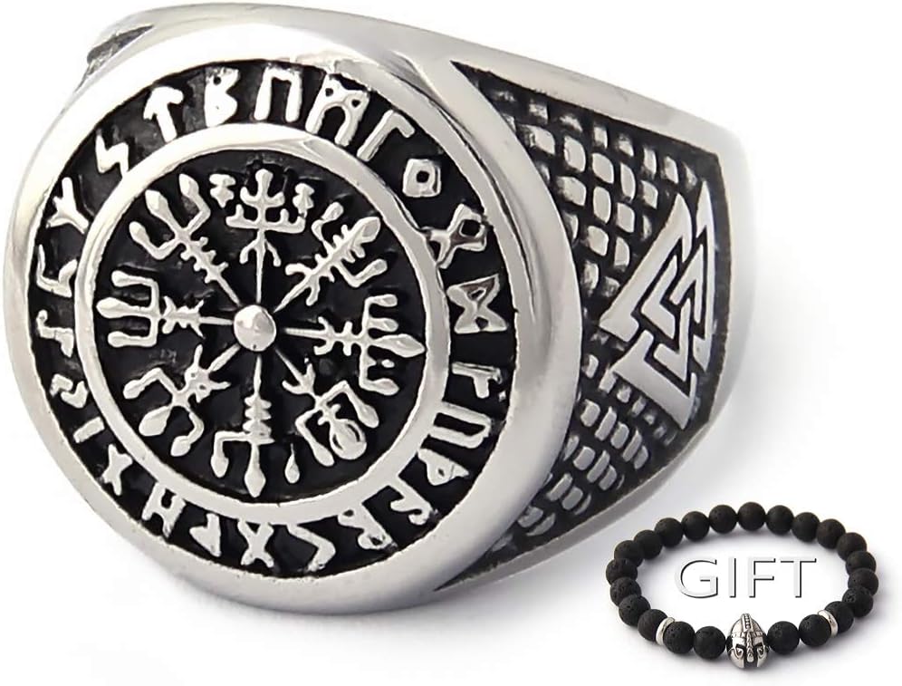Vegvisir the Viking Runic Compass Ring with Rune Circle and Double Valknut Symbol 316L Stainless Steel Norse Scandinavian Viking Jewelry