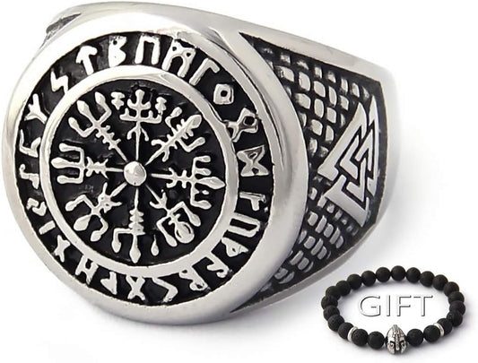 Vegvisir the Viking Runic Compass Ring with Rune Circle and Double Valknut Symbol 316L Stainless Steel Norse Scandinavian Viking Jewelry