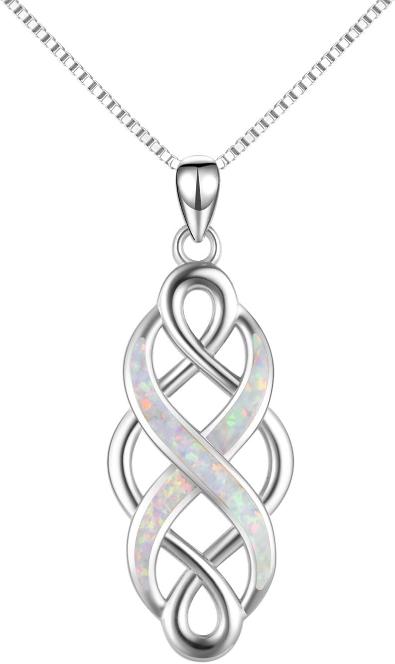 Irish Celtic Knot Created Opal Pendant Necklace Sterling Silver Black Necklaces for Women Men 18"