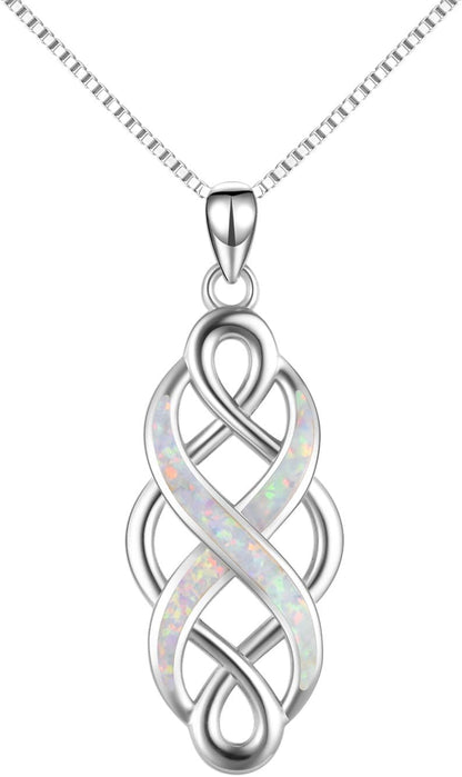 Irish Celtic Knot Created Opal Pendant Necklace Sterling Silver Black Necklaces for Women Men 18"
