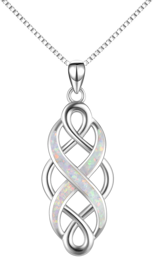 Irish Celtic Knot Created Opal Pendant Necklace Sterling Silver Black Necklaces for Women Men 18"