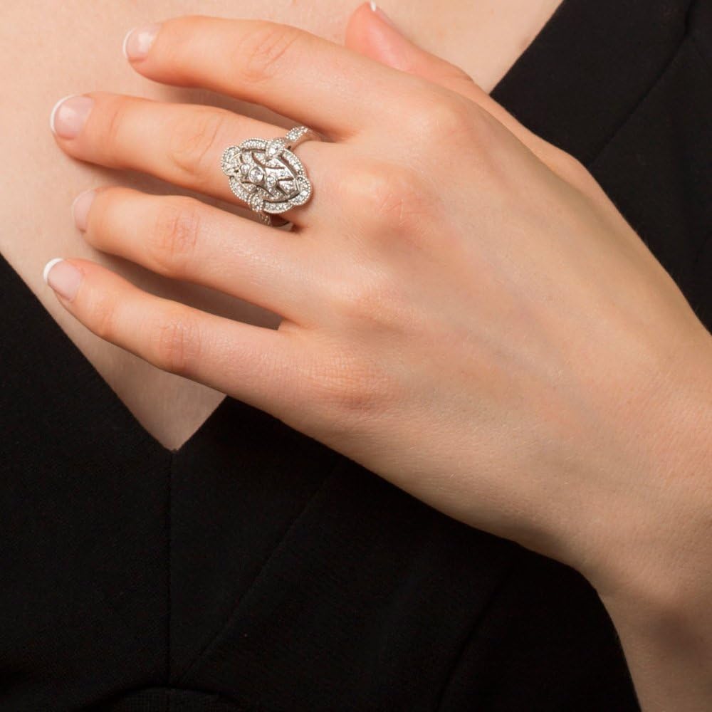 Sterling Silver CZ Navette Statement Cocktail Rings for Women, Art Deco Cubic Zirconia Ring