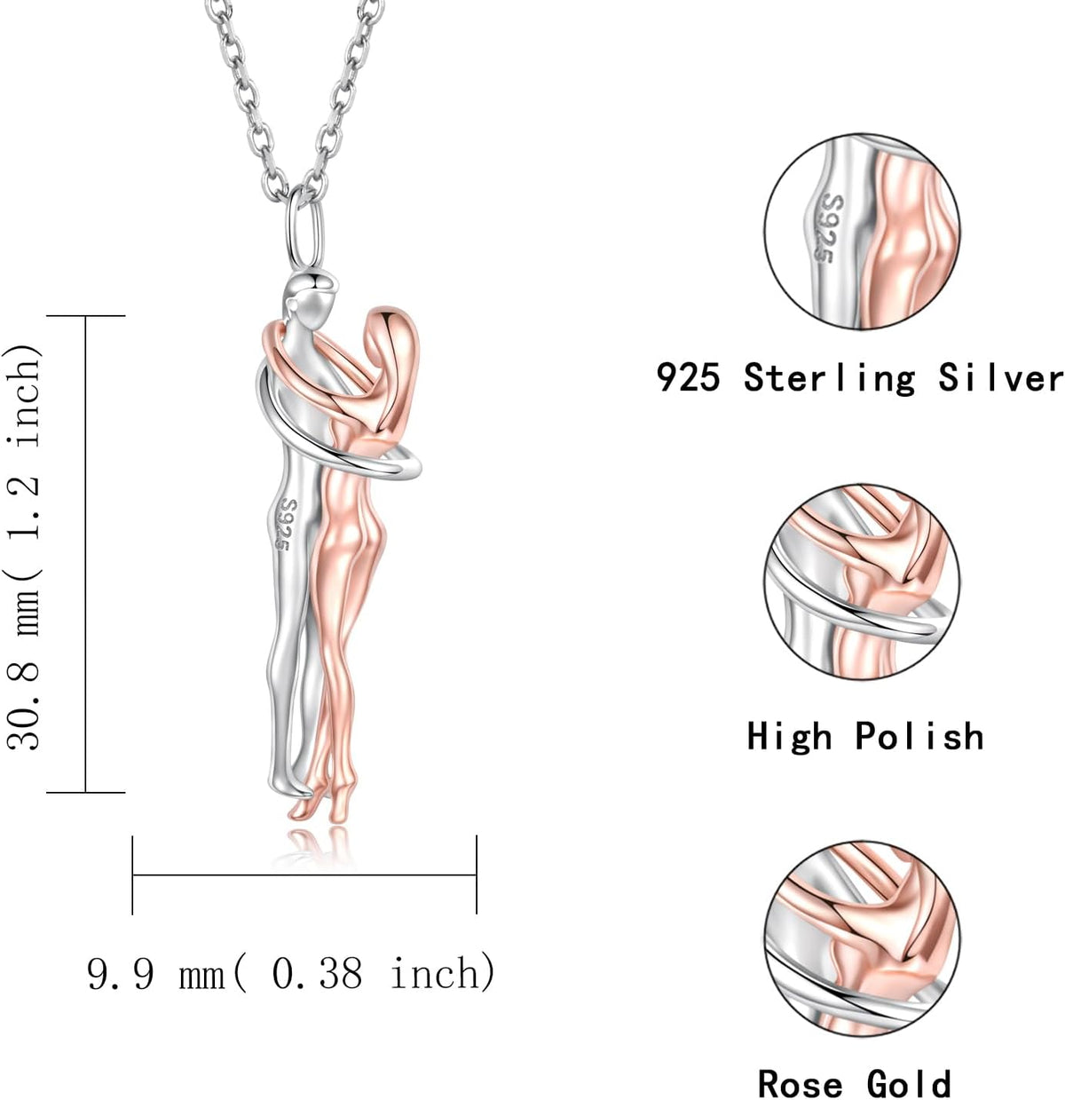 925 Sterling Silver Rose Gold Hugging Couple Pendant Necklace