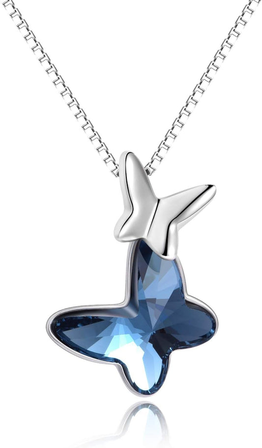 Sterling Silver Chasing Butterfly Pendant Necklace Embellished with Austrian Crystals - Fine Anniversary or Birthday Butterfly Jewelry Gift for Women - Morpho Helena Series