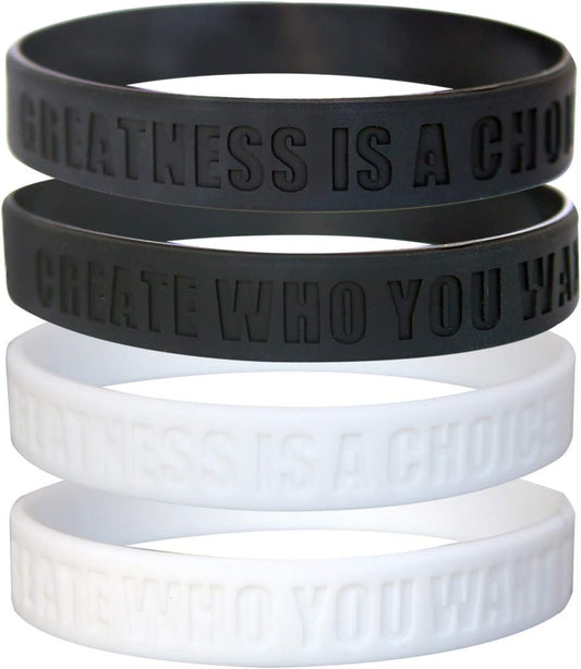 Greatness Is a Choice, Create Who You Want to Be Motivational Silicone Wristbands with Quote, Rubber Bracelets for Fitness, Workouts, Exercise, Basketball, Weight Training