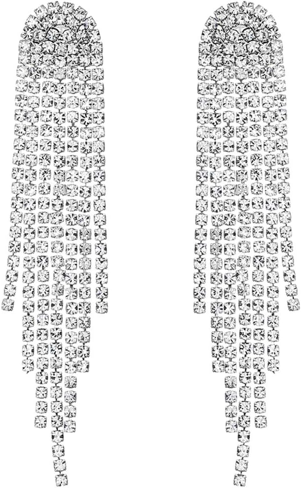 3.3"L Rhinestone Earrings Dangling Long Fringe Crystals Chandelier Dangle Drop Earrings for Women
