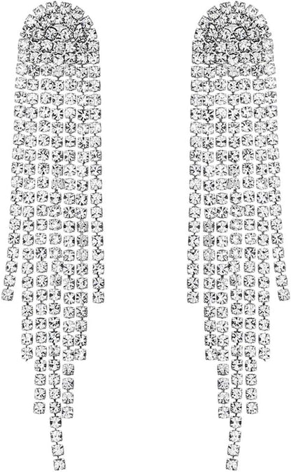 3.3"L Rhinestone Earrings Dangling Long Fringe Crystals Chandelier Dangle Drop Earrings for Women
