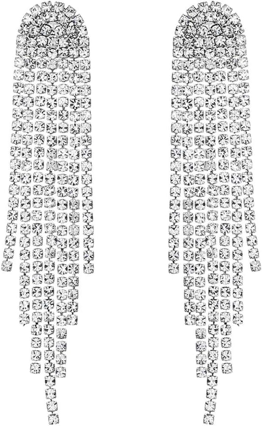3.3"L Rhinestone Earrings Dangling Long Fringe Crystals Chandelier Dangle Drop Earrings for Women