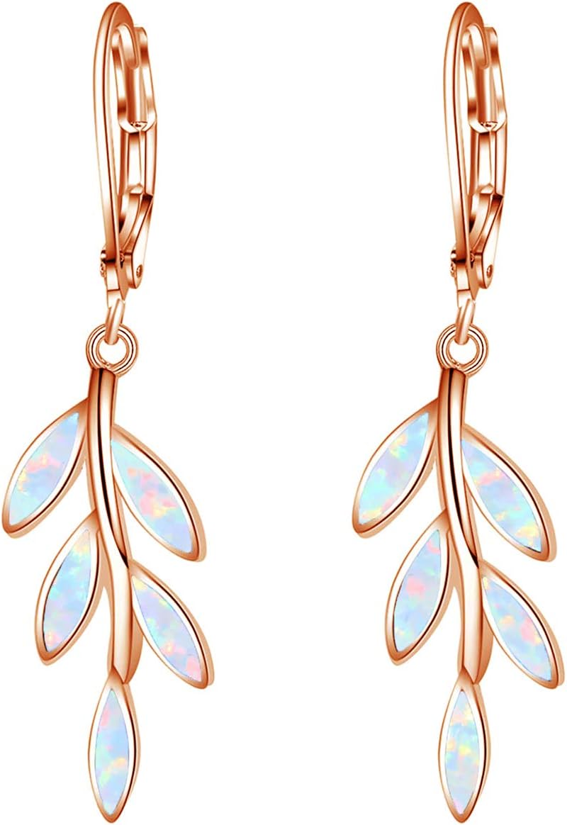 Opal Dangle Drop Earrings White Gold or Rose Gold Plated Opal Jewelry for Women Girls Wedding Earrings