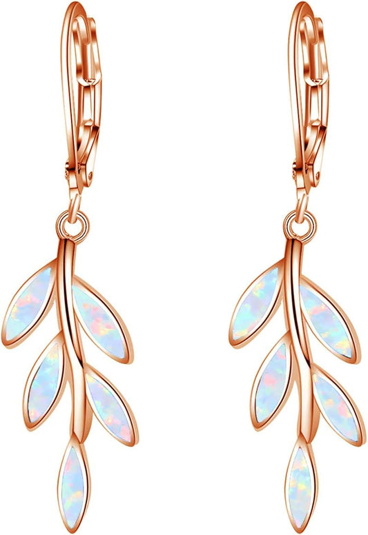 Opal Dangle Drop Earrings White Gold or Rose Gold Plated Opal Jewelry for Women Girls Wedding Earrings