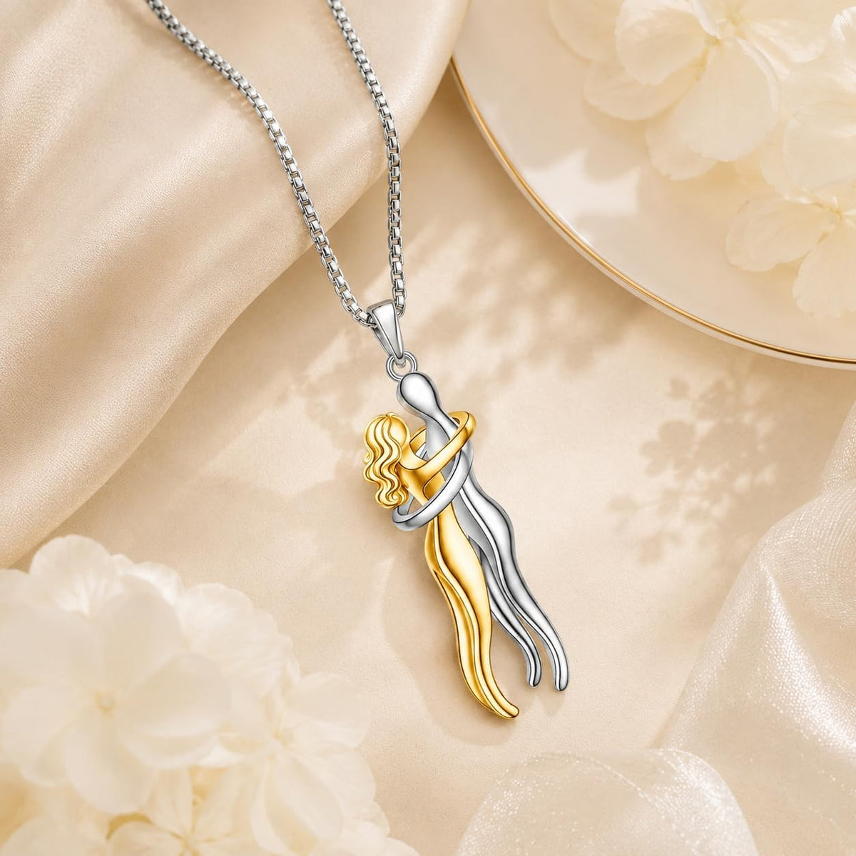 18K White Gold-Plated Hugging Couple Pendant Necklace
