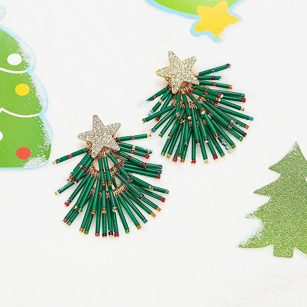 Christmas Earrings for Women Green Christmas Tree Dangle 14K Gold Plated Alloy Cute Holiday Earrings Dangle Hypoallergenic Statement Christmas Gifts…