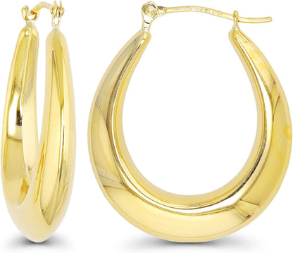 14K Yellow Gold High Polished Oval Hoop Earrings with Hinged Clasp | Various Sizes & Design | Yellow Gold Hoops | Solid 14K Gold Earrings Gold for Women