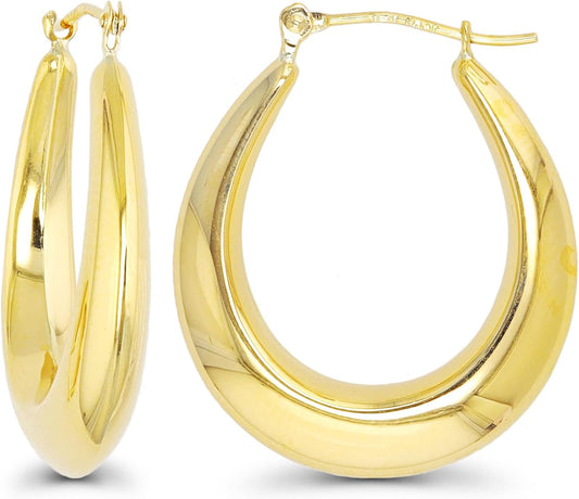 14K Yellow Gold High Polished Oval Hoop Earrings with Hinged Clasp | Various Sizes & Design | Yellow Gold Hoops | Solid 14K Gold Earrings Gold for Women