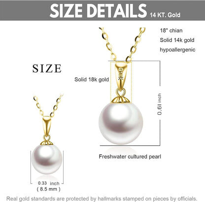 14K Gold Pearl Necklaces for Women with 18K Gold Pendant (Freshwater Cultured Pearl), Real Gold Present for Her, Jewelry Gifts for Mother Wife Girlfriend, 16"-18"