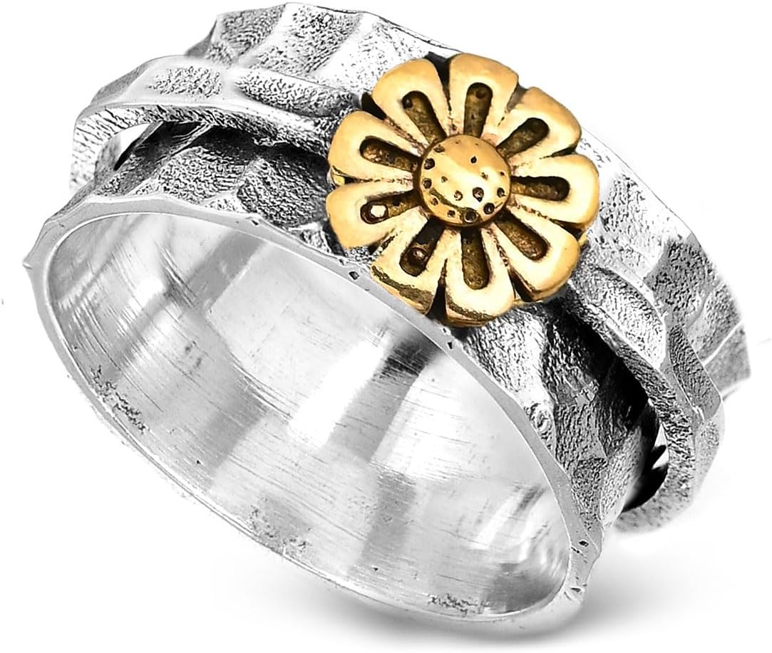Sunflower Ring, Spinner Rings for Women 925 Sterling Silver and Brass Sunflower | Nature Wide Band Fidget Meditation Anxiety Jewelry