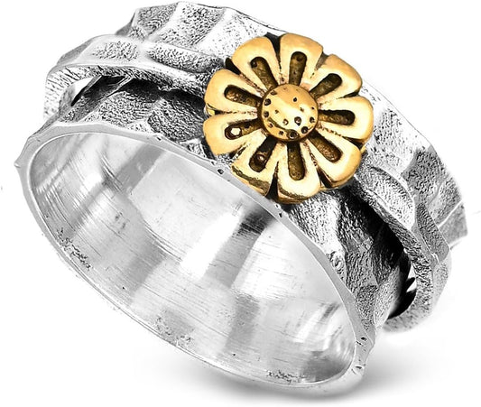 Sunflower Ring, Spinner Rings for Women 925 Sterling Silver and Brass Sunflower | Nature Wide Band Fidget Meditation Anxiety Jewelry