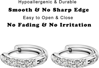 316L Surgical Stainless Steel Huggie Hoop Earrings with Cubic Zirconia, 10G 12G 14G 8-20Mm Cartilage Lobe Earrings, 14G Piercing Jewelry